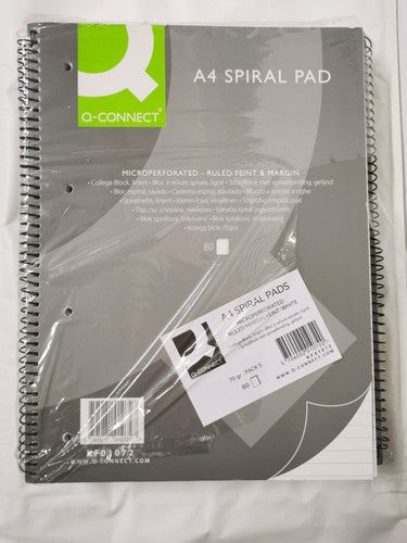 Q-Connect Ruled Margin Spiral Soft Cover Notebook 160 Pages A4 (5 Pack) KF01072