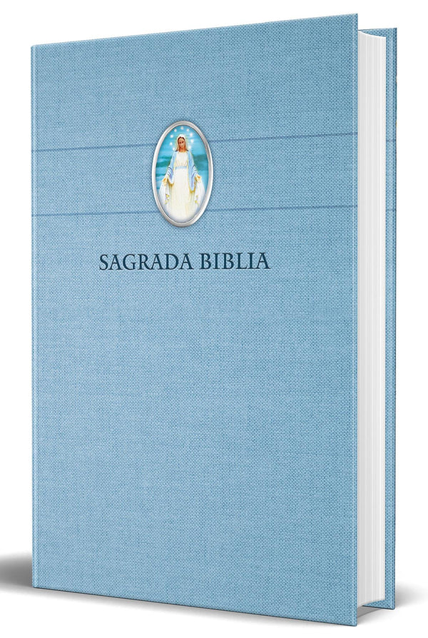 Biblia Católica en español. Tapa dura azul, con Virgen Milagrosa en cubierta