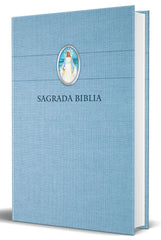 Biblia Católica en español. Tapa dura azul, con Virgen Milagrosa en cubierta