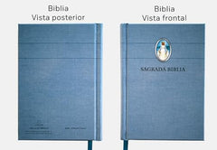 Biblia Católica en español. Tapa dura azul, con Virgen Milagrosa en cubierta