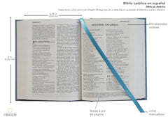 Biblia Católica en español. Tapa dura azul, con Virgen Milagrosa en cubierta