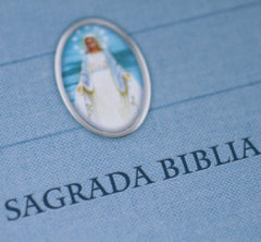 Biblia Católica en español. Tapa dura azul, con Virgen Milagrosa en cubierta