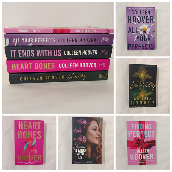 5 Colleen Hoover Books: Verity, It Ends With Us, Heart Bones, All Your Perfects, Finding Perfect