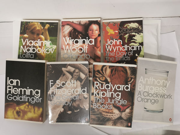 Cover of 7 Penguin Modern Classics inc. Gatsby, Lolita, Goldfinger, Clockwork Orange by Ian Fleming