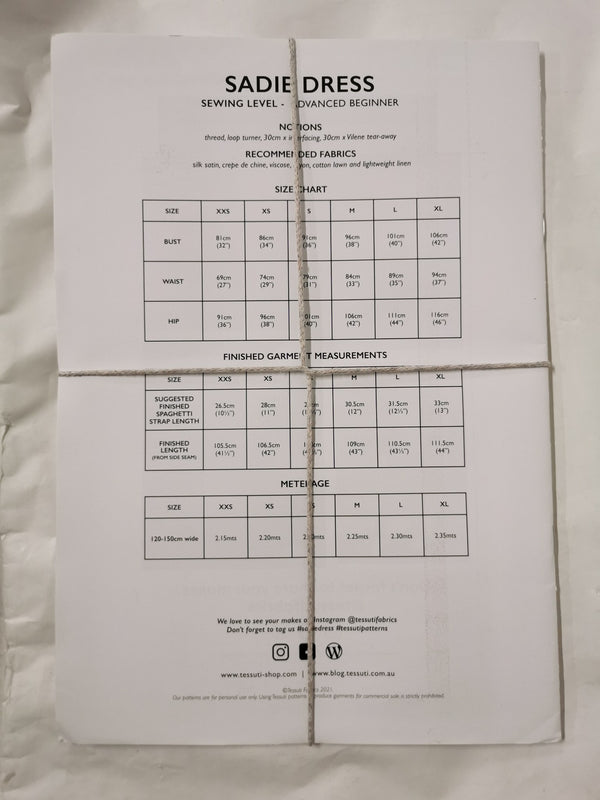 Sadie Slip Dress Tessuti Sewing Pattern. Size XXS-XL.