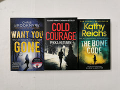 3 Gripping Crime Novels Including The Bone Code by Kathy Reichs, Want You Gone