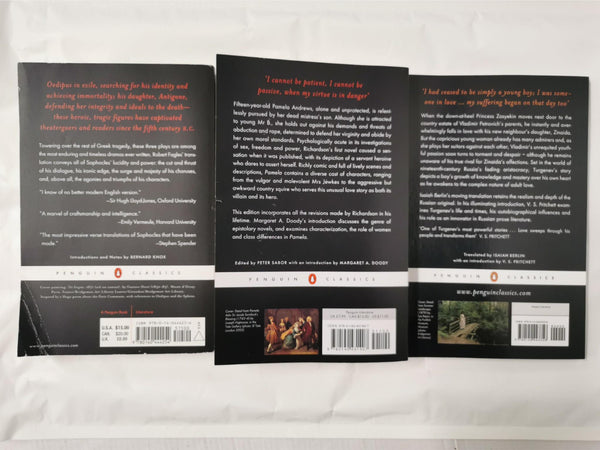 3 PENGUIN CLASSICS Books - Pamela, First Love & The Three Theban Plays