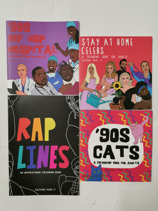 4 Colouring Books for Adults by Kazvare Made it - 90s Cats, Rap Lines, & More