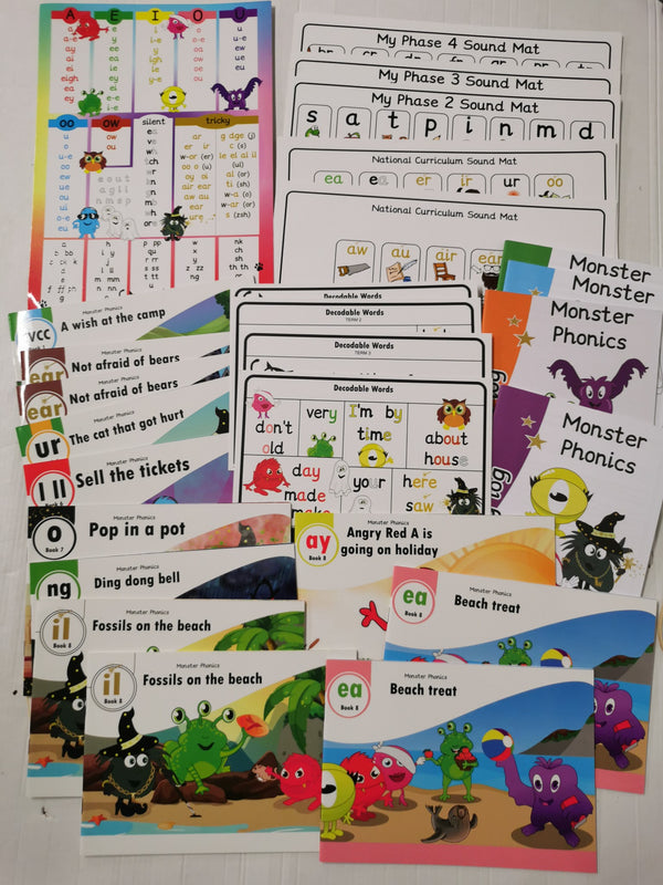 Set of Monster Phonics - Sound Mats, Spelling Logs, Tricky Word Cards, 12 Books