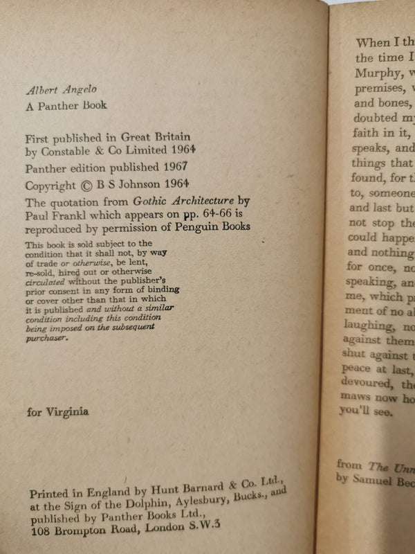Albert Angelo by B S Johnson (Panther Books 1st Paperback Edition, 1967)